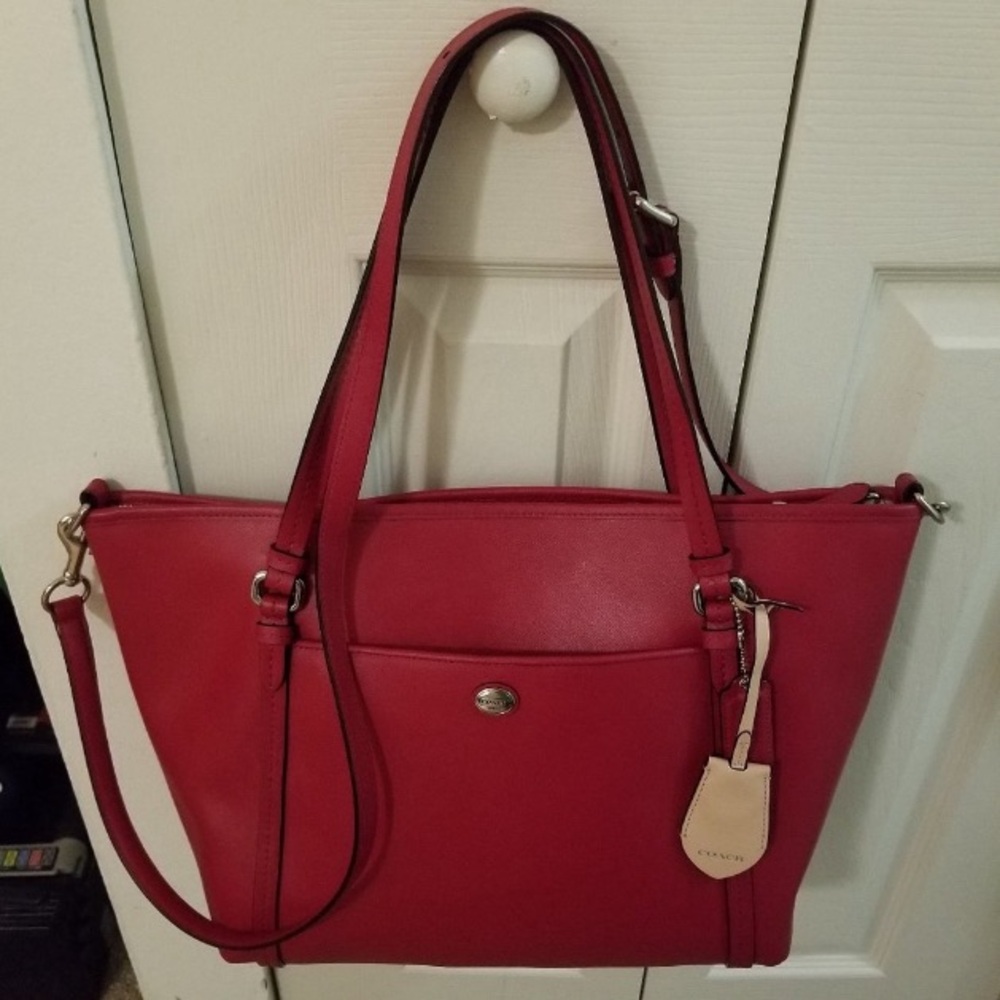 EUC COACH F25667 PEYTON LARGE SAFFIANO LEATHER TOTE W/XBODY STRAP IN POMEGRANATE - Picture 2 of 6